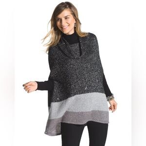 Chico’s Color Block Sparkle Cape S/M Knit Poncho Shawl Gray Silver Boho Cozy
